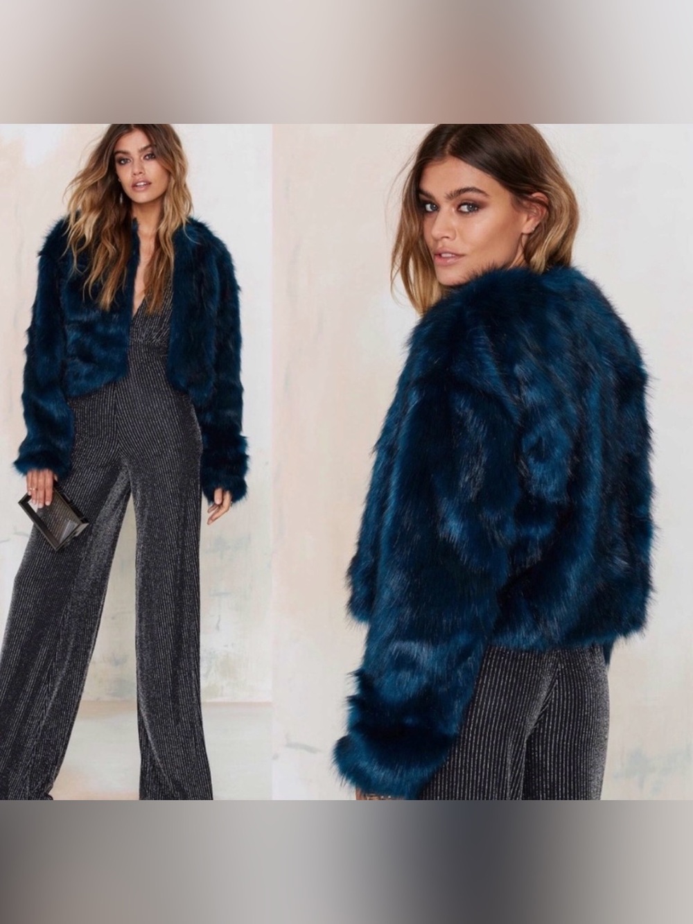 LOFT Teal Faux Fur Cropped Jacket